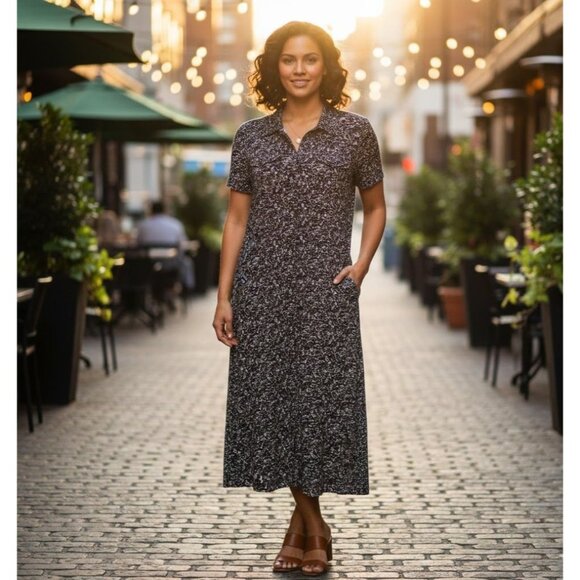 Studio AA Dresses & Skirts - Studio AA Brown & White Printed Midi Dress Size 10 Short Sleeve Collared Button